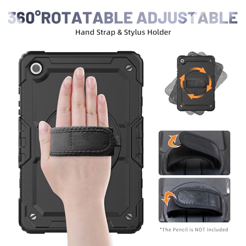 Sibeitu for Galaxy Tab A9+ Plus 11'' Heavy Duty Case for Work 2023 with Screen Protector, Military Grade Defender Protection, Rugged Shockproof Tab A9+ Case W/ 360° Rotating Hand Strap & Stand, Black