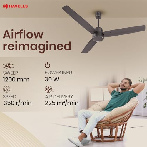 Image of Havells EPIC BLDC Ceiling Fan 1200mm, 380 RPM, Savings upto 65%, Reverse Rotation, 4 Modes (Boost, Sleep, Breeze, Mop), Low Wattage 30W, Low Noise, Air Flow:225 CMM, 3 Year Warranty, Cocoa Brown