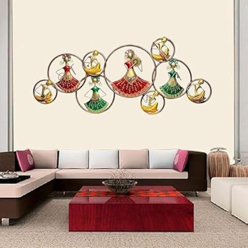 Image of Bharat Art Metal 9 Kalbeliya LED Ring Doll Wall Art | Decorative Metal Wall Sculpture for Living Room Bedroom Home Office | Multicolor (58.5 x 3 x 24.5 Inch) W065
