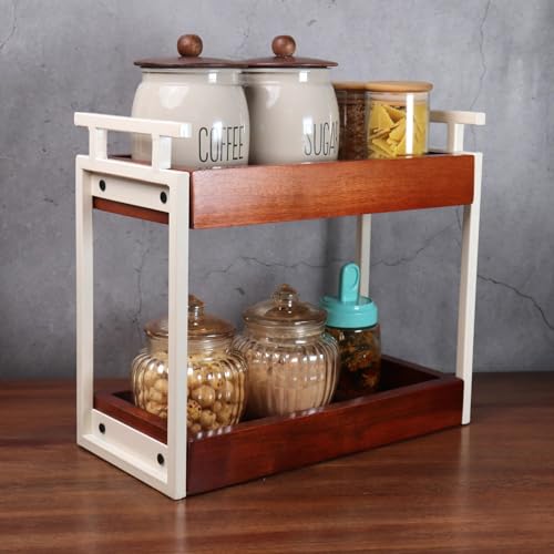 Image of Premium The Blanc Multipurpose kitchen wooden Rack |Iron Countertop Racks |Living Area Versatile Storage Shelf with 2 Compartments |Spice Rack Organizer|Makeup rack |Office shelf