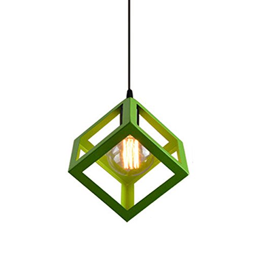 E27 Lustre Suspension industrielle Contemporain forme Cube Carré, Lampe de Plafond en Métal Fer Abat-Jour Luminaire, Vert