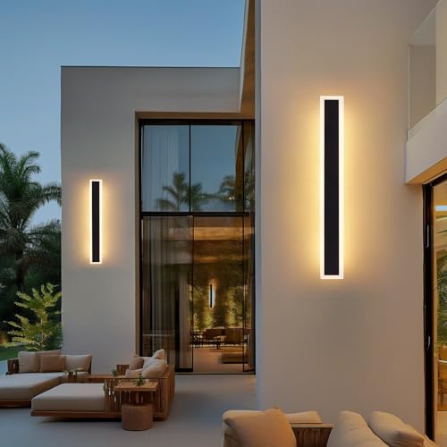 Warmiehomy 2 Pack Outdoor Wall Lights, Modern LED Long Wall Lamp, IP67 Waterproof Outside Lights Mains Powered, 3000K Aluminum Black Exterior & Indoor Wall Light for Garden Porch Hallway Garage, 60cm