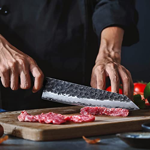 Shirkhan Professional Japanese Kitchen Knives 2 Pcs Set - Chef & Utility Knife - High Carbon 10Cr15Comov Hand Hammered Clad Steel - Octagon Redwood Handle #TOP2