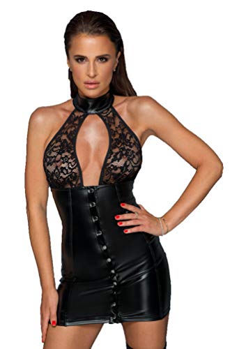 Noir Handmade Schwarzes Neckholder Wetlook Kleid mit Durchgehender Knopfleiste und Spitze Dessous Minikleid XL
