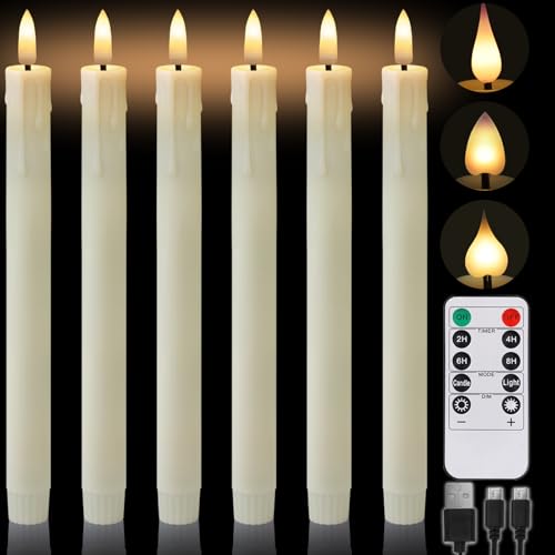Neween 6 Pcs Rechargeable Flameless Taper Candles with Remote, Timer, Dimmer, Flickering Battery Operated Candlesticks, LED Window Candles with 4 Replacable Flame Tips for Halloween Xmas Decor (Ivory)