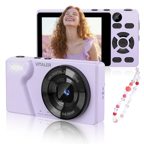 Cámara Digital 64MP 4K Cámara de Fotos Compacta con Doble Lente,Pantalla LCD 2,8 Pulgadas,Batería de 2000 mAh,Carcasa de Aleación de Zinc y Zoom Digital 18X para Niños y Adultos(Morado,SIN Tarjeta SD)