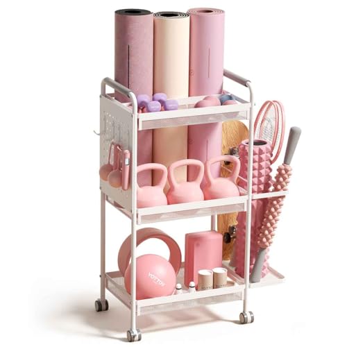 YOTTOY 3-Tier Gym Storage Rack for Home GymMulti-Functional Weight Rack Dumbbell Rack Yoga Mat Holder with Side Basket & 6 Hooks Gym Equipment Organizer (White)
