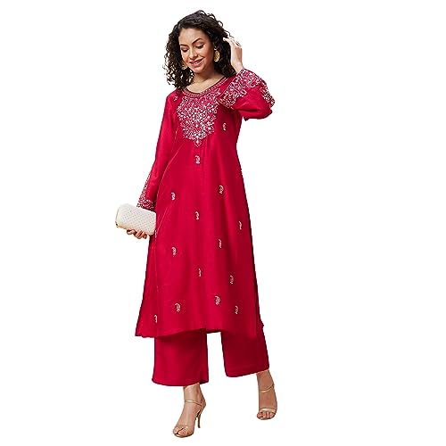 Image of Globus Women Red Embroidered V-Neck Yoke Gota Patti Flared Sleeves Festive A-Line Kurta Set with Trouser-3638464001