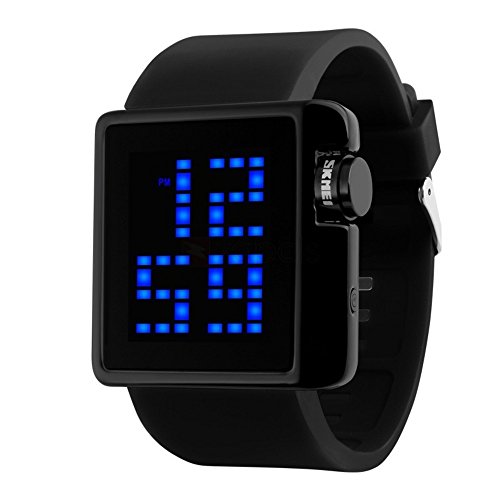 LED Digital Display Big Dial Waterproof Wrist Watch with Silicone Strap for Men, Women and Teens - Black