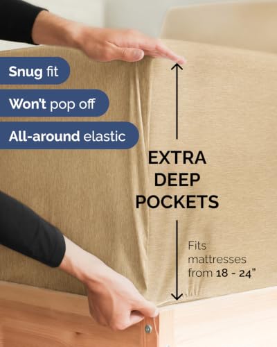 Image of Extra Deep Flex Top Split Head King Sheet Set - 6 Piece Breathable and Cooling Sheets - Hotel Luxury Bedding for Women, Men, Kids & Teens - Easy Secure Fit - Extra Deep Pockets - Heathered Tan