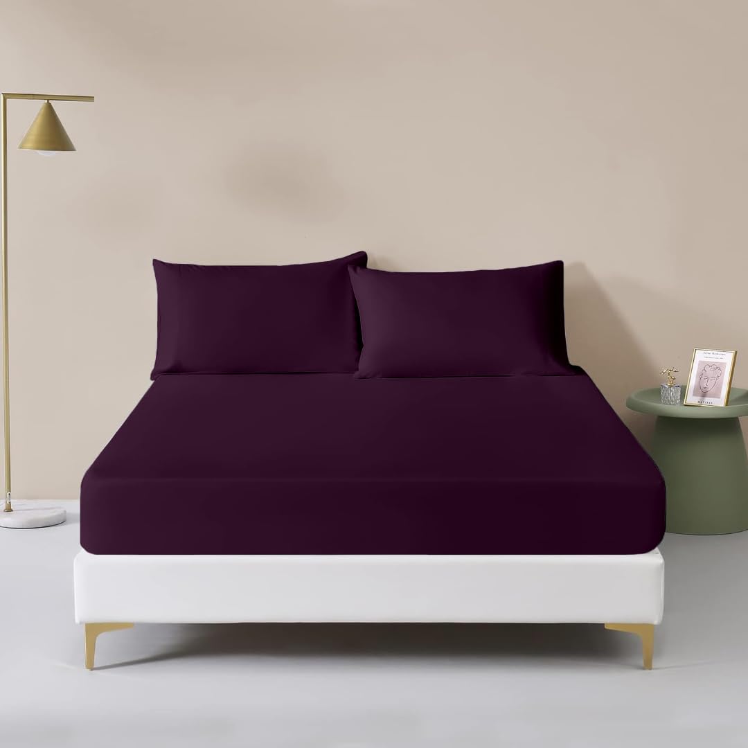 Rohi Aubergine Plum Rohi® Polycotton Rich Plain Dye 16" Extra Deep Pocket Fitted Sheet Set - Soft & Durable Double Sheet Fitted With Two Matching Pillowcases (Double Fitted Sheet And Pillowcase Set, Plum)