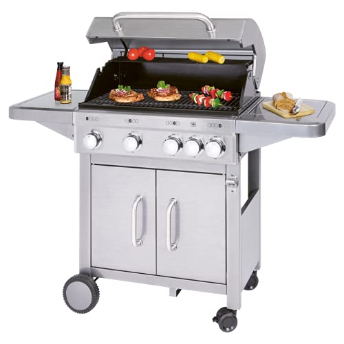 ProfiCook PC-GG 1181 Gasgrill mit 4 Edelstahl-Brenner und zusätzlicher Kochplatte, Camping, Outdoor, BBQ, Ablage klappbar, Individuelle Temperatursteuerung, Silber, 3,1 kW