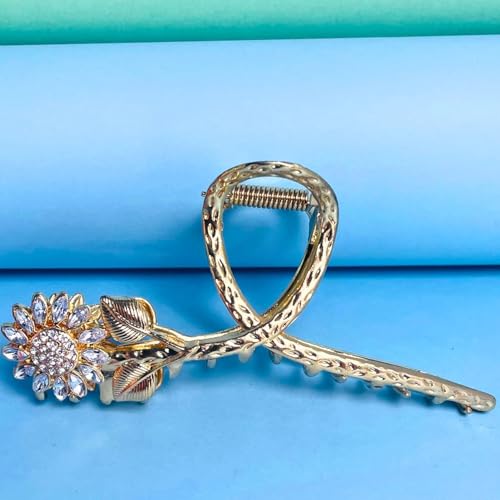 Image of Diversa Rhinestone Golden Claw Clip, Embellished Korean Clutcher, Non- Slip Metal Claw Clip for Girls, Fancy Clutcher for Women, Pack of 1 (Sunflower)
