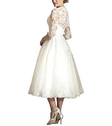 Abaowedding Women's V Neck Long Sleeves Tea Length Short Wedding Dress US 6 Ivory
