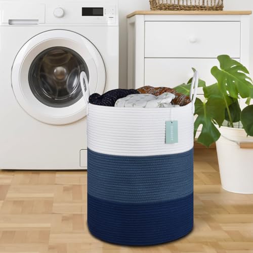 Image of Large Cotton Rope Laundry Hamper for Clothes 65L, White & Blue | 16 inchx 20 inch, Tall Woven Storage Basket for Nursery, Bedroom & Living Room; Stores Clothes, Blankets, Pillows, Toys & Towels