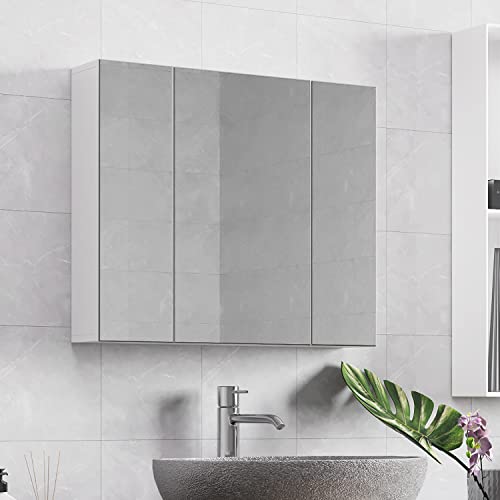 Yaheetech Armoire Murale Salle de Bain, Placard de Rangement Toilettes, avec 3 Portes 3 Miroirs, 2...