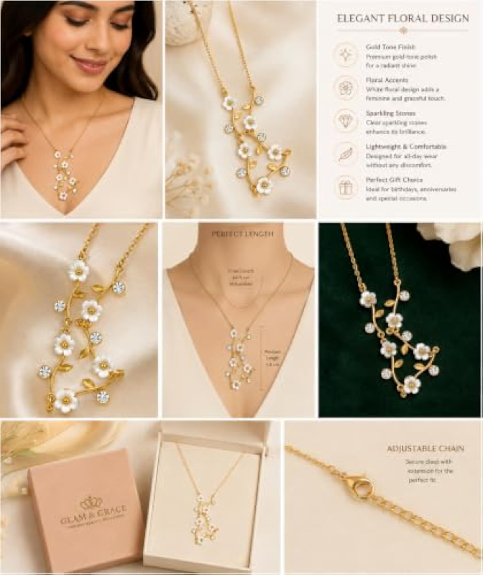 Gold Tone Floral Pendant Necklace for Women, Elegant Design
