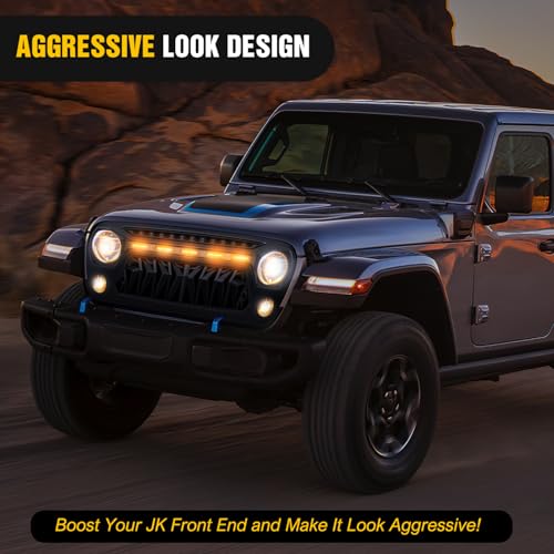 Image of Nilight Front Grill Cover for 2007 2008 2009 2010 2011 2012 2013 2014 2015 2016 2017 2018 Wrangler JK /JKU Rubicon & Sahara Sport with LED Amber Lights Black