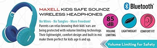 Maxell Kids Safe Soundz Wireless Headphones banner showing features like 85dB volume limiting, lightweight, and comfort fit.