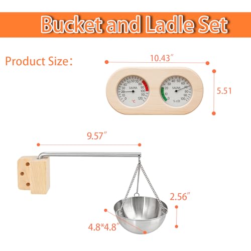 5 Pcs Sauna Accessories Kit, Bucket and Ladle Set, Thermo-Hygrometer, Sauna Hourglass, Brush, Exfoliating Volcanic Rocks, Wooden Sauna Bucket, 1 Gallon (4 L) Water Capacity, Handmade (Pine) - Image 3