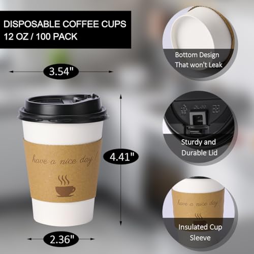 BYSNOW 100 pack 12 oz Disposable Thickened Coffee Cups with Lids, Scald Resistant Hot Cup with Sleeve and Straw, To Go Coffee Cups for Home, Office, Cafes and Party (White 12oz) by BYSNOW - Image 2