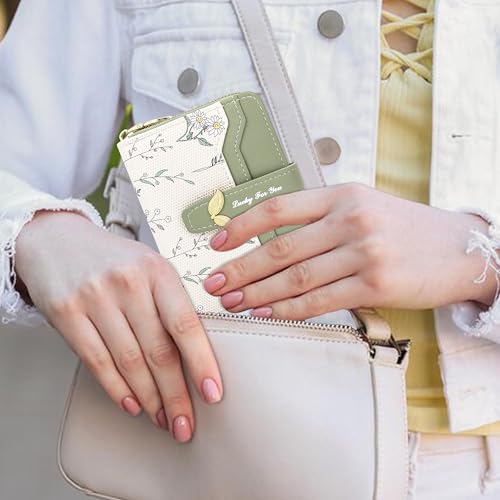 Image of Farcauo Cute Green Flower Wallet for Women Small Kawaii Coin Purse with ID Window Compact Lightweight and Stylish Design Cash Wallet for Ladies