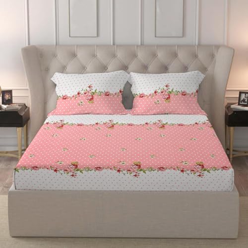 Image of LOOMLYFE 300 TC Cotton Feel Glace Cotton Elastic Fitted Printed King Size Double Bed Bedsheet with 2 Pillow Covers Fits Upto 8 inches Mattress, Size- 72X78 Inches, PinkCenterFlower