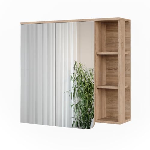 Vicco Spiegelschrank Sonoma/Blau Karen 80x75x20 cm - Badezimmerschrank mit Spiegel, Übersichtliche Organisation Dank cleverer Fächeraufteilung