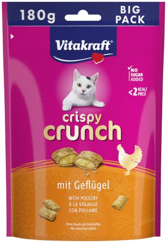 Vitakraft Crispy Crunch, golosinas para Gatos, Snack crujiente para Gatos Relleno de Aves, en envase Grande resellable, sin azúcares añadidos (1 x 180 g)