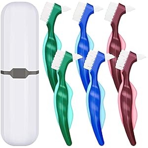 6 stuks harde kunstgebit borstel prothese tandenborstel reinigingsborstel met witte draagtas voor valse tanden reiniging (rood, groen en blauw)