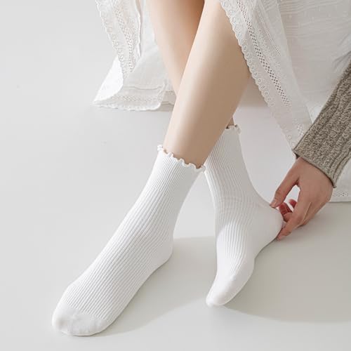 Image of Ruffle Ankle Socks for Women, Cute Casual Lettuce Edge Frilly Crew Socks Breathable Lightweight Daily Socks