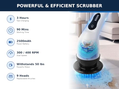 Image of V.E.E Electric Spin Scrubber, Cleaning Brush Scrubber for Home, 400RPM /Mins-9 Replaceable Brush Heads-90Mins Work Time, 3 Adjustable Size, Multiple Speeds for Bathroom Shower Bathtub Glass and Car