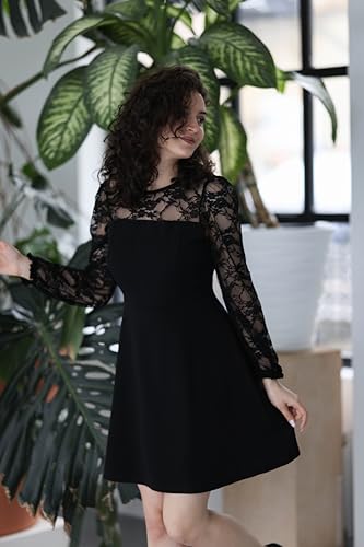 Holipick Women's Cocktail Dresses Wedding Guest Party Crew Neck Short A Line Dress with Lace Sleeves3