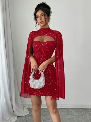 Women's Sequin Cloak Sleeve Dress Mock Neck Cocktail Long Flowy Sleeves for Going Out Fromal Prom Party3