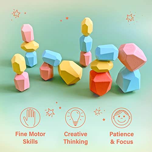 Open Road House Stacking Rocks - Stacking Stones - 16 Pc Wooden Stacking Rocks For Kids - Sorting & Stacking Toys - Balancing Stones - Wooden Stacking Stones - Rock Blocks Kids (Pink Blue Yellow) #TOP4