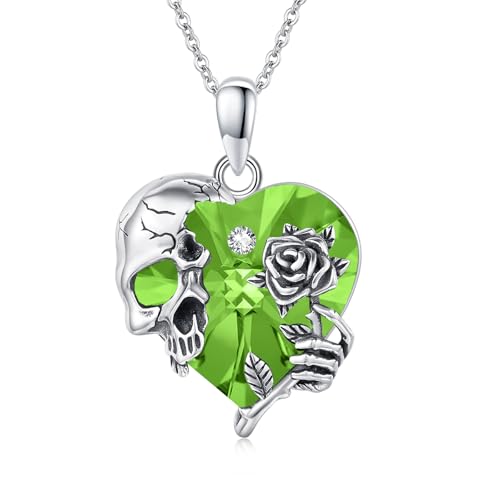 Image of S925 Sterling Silver Skull Pendant Necklace Heart Crystal Birthstone Skull Necklace Gothic Jewlery Gifts