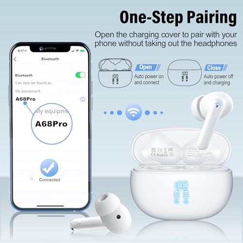 Image of Wireless Earbuds, Bluetooth 5.4 Headphones Bass Stereo /Clear Calls, Ivory | Ear Buds with Noise Cancelling Mic LED Display in Ear Earphones Ai Translation Earbuds Real Time with 6 Translation Modes