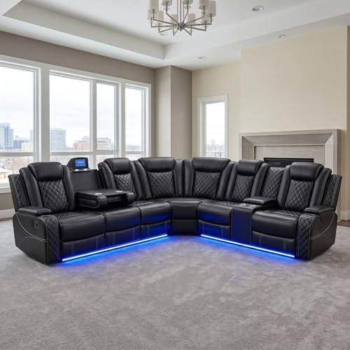 Sectional Couches for Living Room Furniture,Power Recliner Living Room Set with LED, Black Leather Couch Reclining Sectional L Shaped Sofa for Home Theater w/ Cup Holder, Storage,Wireless Charger,Led