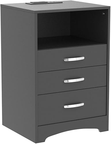 Miniatura 5 de Juego de 2 mesitas de noche blancas con estación de carga, mesa auxiliar moderna con 3 cajones, soporte de gabinete de madera junto al sofá, mesitas