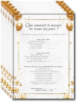 Lot de 20 Cartes Quiz pour Invités – Jeu Qui Connaît le Mieux la Reine du Jour – Animation Anniversaire, Baby Shower, Mariage, EVJF, Fiançailles – Jeu Ambiance Drôle & Original