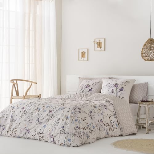 COTTON ARTean Funda Nórdica Cama 180 algodón SATÉN 200 Hilos Reversible Arina Beige Funda de edredón (260x260 cm) + 2 Fundas de Almohada