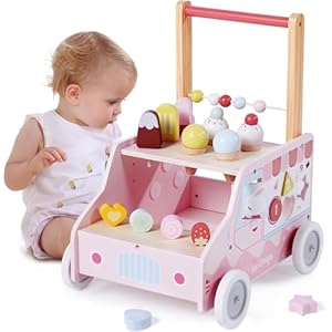 labebe Wooden Baby Walker, Push Activity Walker Toys for Kids, Multifunctional Ice Cream Cart Activity Toy, Adjustable Speed Learning Walking, Birthday Gift for Boys&Girls
