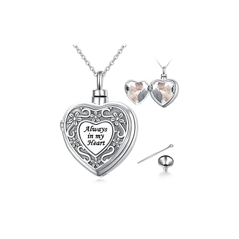 Ashes Locket that Hold Pictures Sterling Silver Urn Necklace for Ashes Always in My Heart Engraved Dainty Filigree Flower Heart Locket Pendant Necklace Memorial Keepsake Cremation Jewelry