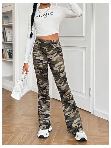 Image of WDIRARA Girl's Camo Print Flare Pants High Waisted Stretch Bell Bottoms Pants