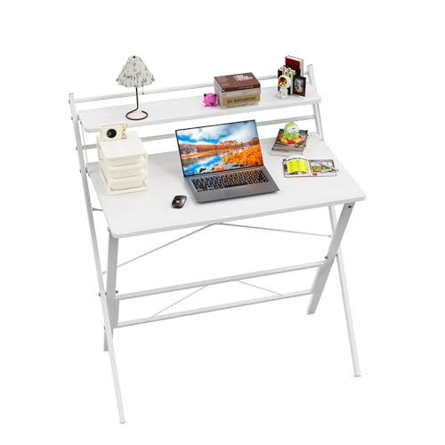 Utlenianie Mesa Escritorio Plegable, Mesa Plegable con Estante Abierto Escritorio Pequeño para Espacio Pequeño, 80x50x75 cm (Blanca-D)