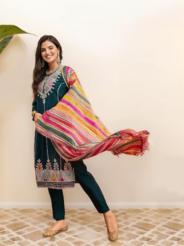 Image of ishin Women Yoke Design Ethnic motifs teal straight kurta with solid pants and dupatta