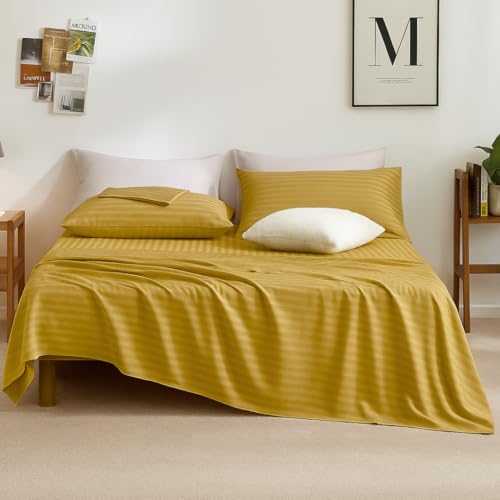 Image of Sofrito Bed Sheet Glace Cotton Striped - 300 TC - Super King (108 inchx108 inch) - with 2 Pillow Cover | Ideal for Hospitals, Clinics, Hostels, PGs, Hotels & Guest Houses | Gold
