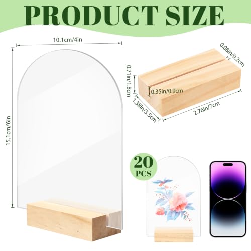 Image of Bercoor 20 Pack 4x6 Inch Blank Clear Arch Acrylic Sign with Wooden Stands, Arched Round Top Acrylic Sheet, DIY Acrylic Arch Table Numbers for DIY Name Card Gifts Event Party Sign Decoration