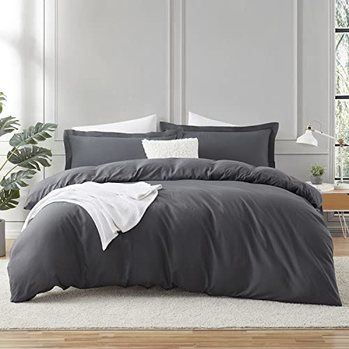 Image of Hearth & Harbor 3Pc Dark Grey Duvet Cover Set, Full Size, Soft Brushed Microfiber, 1 Duvet Cover 80x90in, 2 Pillow Shams, Button Closure | Soft Double Brushed Bedding Set, Button Closure, 1 Duvet Cover 80x90 Inches, 2 Pillow Shams