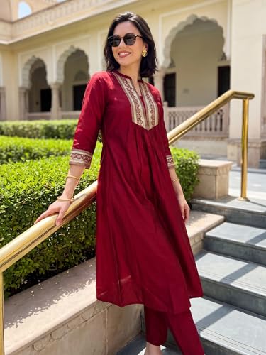 Image of INDO ERA Women's Liva Solid A-Line Kurta & Pant Set